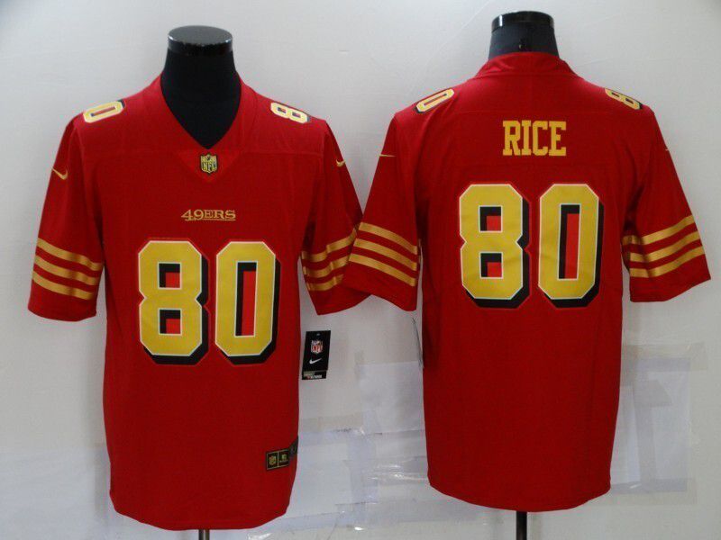 Men 2025 Nike San Francisco 49ers #80 Rice red gold Limited NFL Jersey style 01
